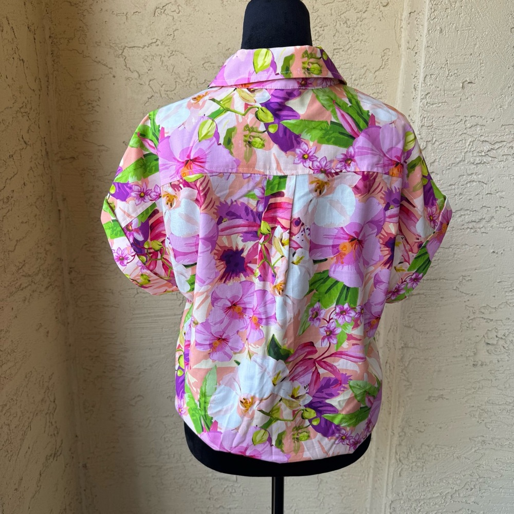 Boston Proper Cabo Fleurs Print Shirt Sz M Multicolor Versatile Short Sleeve - Picture 3 of 12